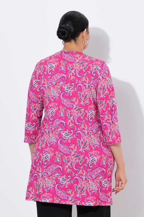 T-shirt long motif cachemire, décolleté en V et manches 3/4