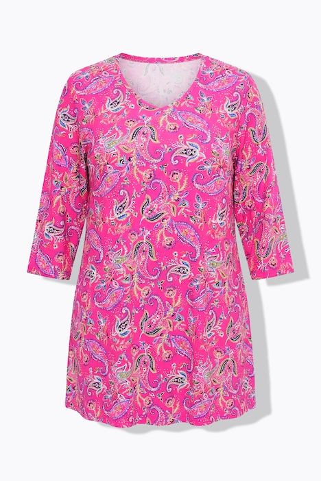 T-shirt long motif cachemire, décolleté en V et manches 3/4