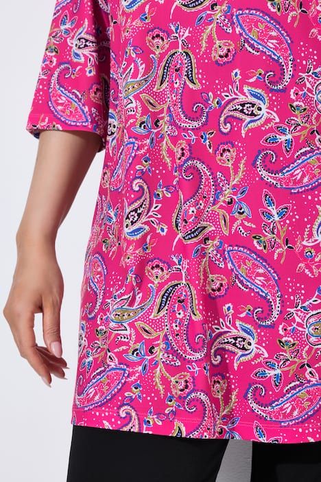 T-shirt long motif cachemire, décolleté en V et manches 3/4