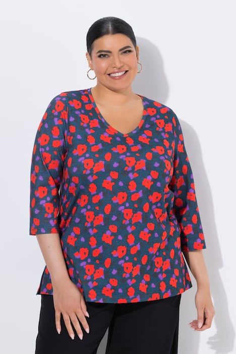 T-shirt motif floral, décolleté en V et manches 3/4