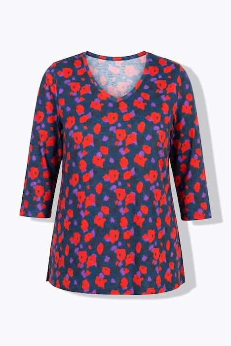 T-shirt motif floral, décolleté en V et manches 3/4