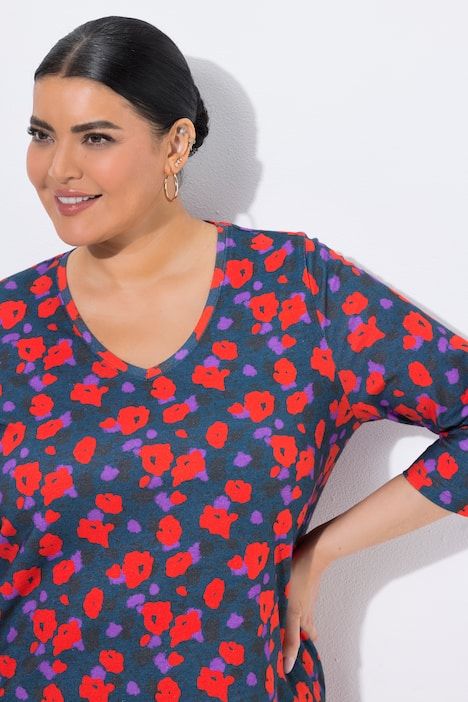 T-shirt motif floral, décolleté en V et manches 3/4