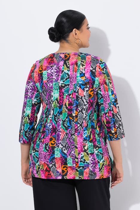 T-shirt long motif peau de serpent, décolleté en V et manches 3/4