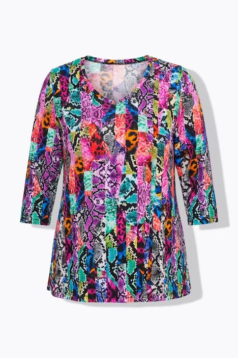 T-shirt long motif peau de serpent, décolleté en V et manches 3/4