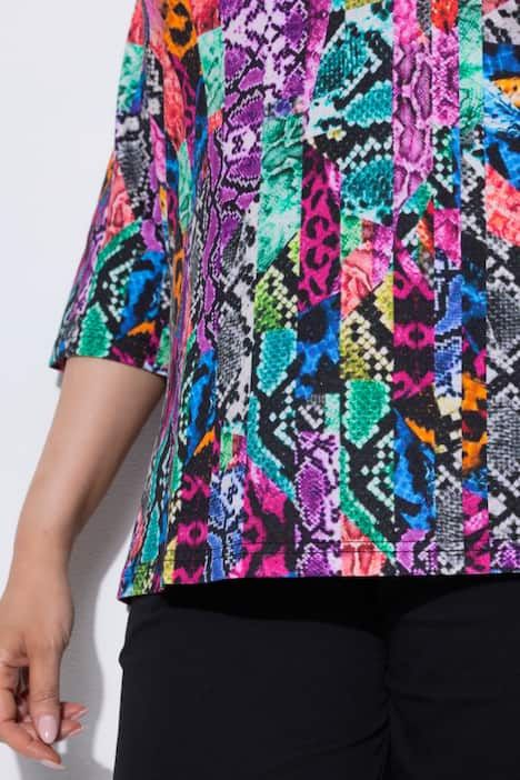 T-shirt long motif peau de serpent, décolleté en V et manches 3/4