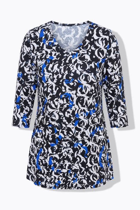 T-shirt long imprimé graphique, décolleté en V et manches 3/4