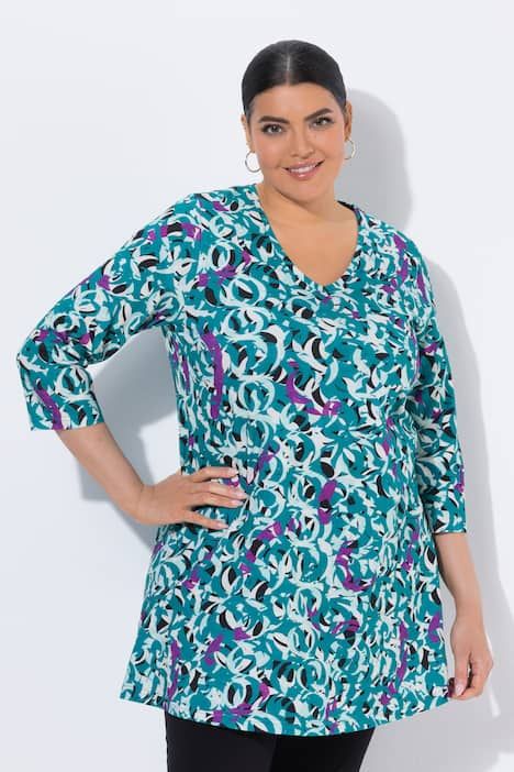 T-shirt long imprimé graphique, décolleté en V et manches 3/4