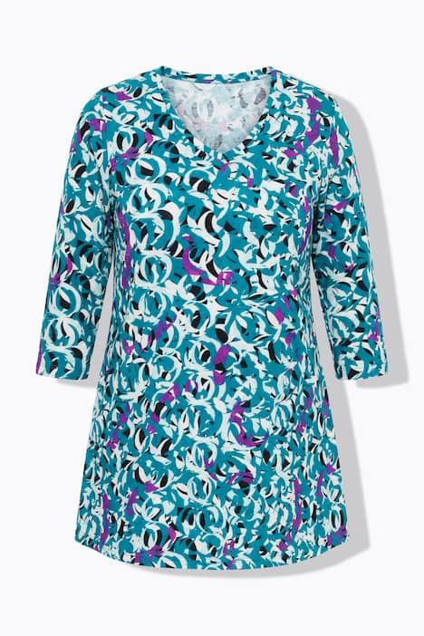 T-shirt long imprimé graphique, décolleté en V et manches 3/4