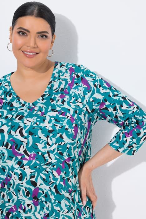 T-shirt long imprimé graphique, décolleté en V et manches 3/4