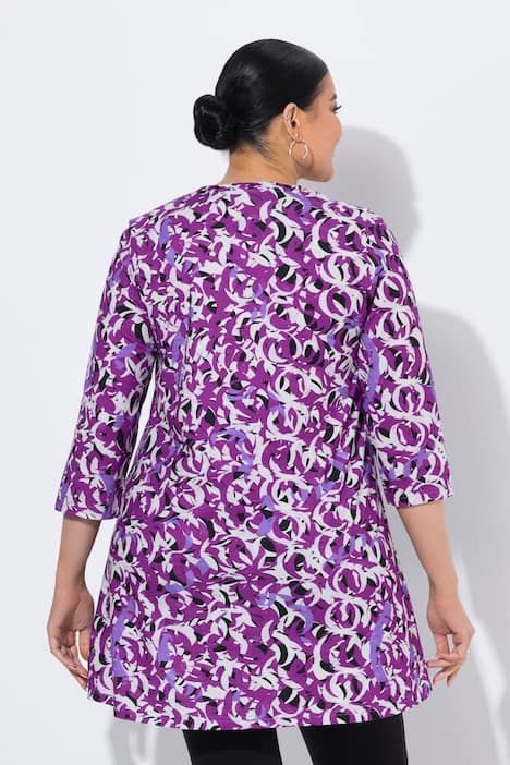 T-shirt long imprimé graphique, décolleté en V et manches 3/4