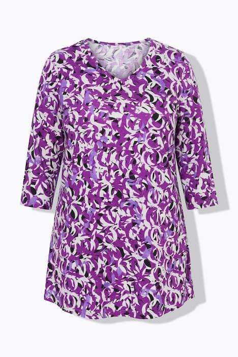 T-shirt long imprimé graphique, décolleté en V et manches 3/4