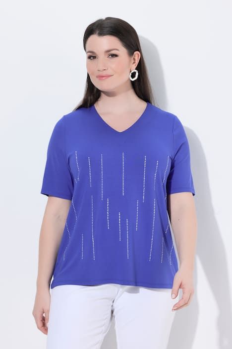 T-shirt avec strass fantaisie, décolleté en V et manches courtes, coupe Classic Fit