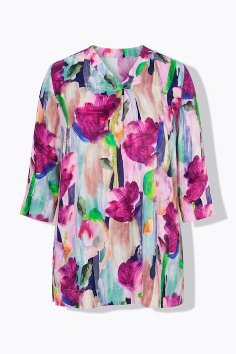 Blouse en satin imprimé, décolleté en V et manches 3/4, coupe évasée