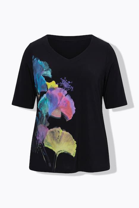 T-shirt au tombé fluide, motif feuilles de ginkgo, manches courtes et décolleté en forme de cœur, coupe Classic Fit