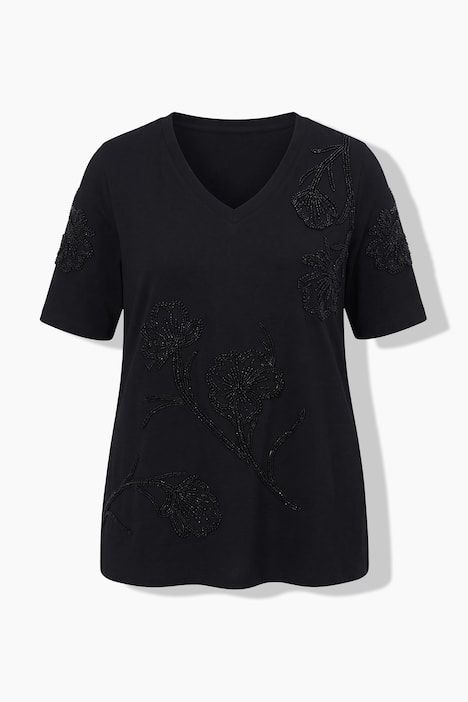 T-shirt avec perles fantaisie, coupe Classic Fit, décolleté en V et manches courtes