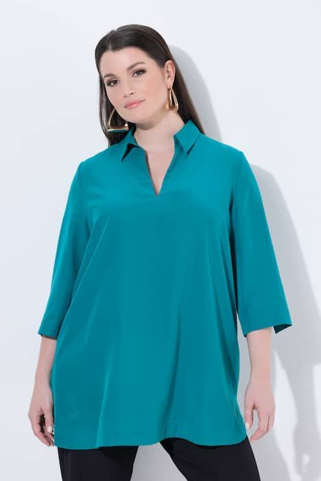 Tunique longue en lyocell, col chemise et manches 3/4, coupe évasée