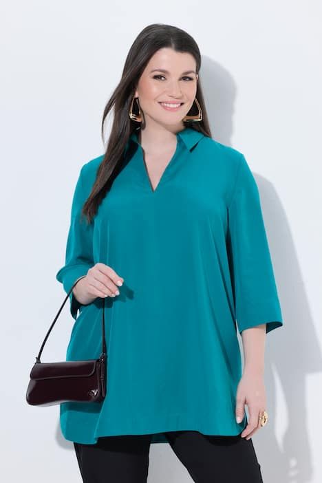 Tunique longue en lyocell, col chemise et manches 3/4, coupe évasée