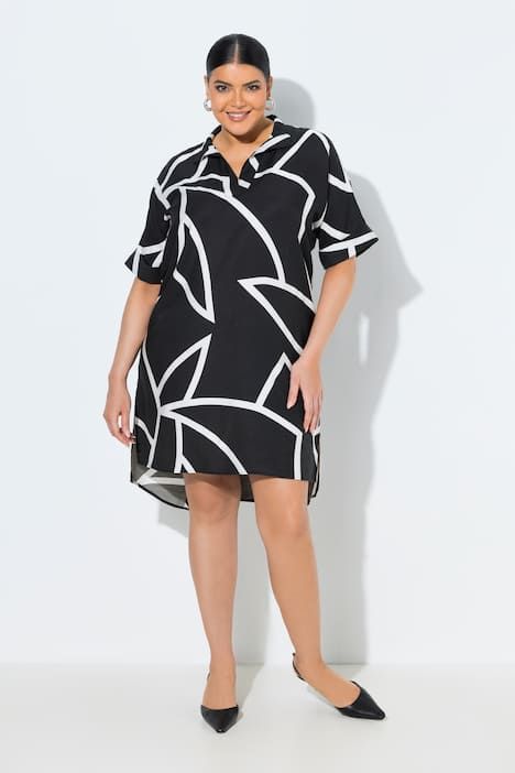 Robe asymétrique avec manches courtes, col montant avec décolleté en V