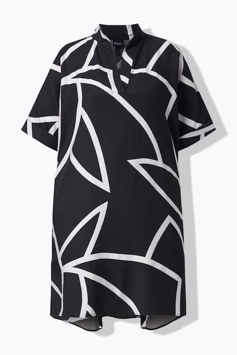 Robe asymétrique avec manches courtes, col montant avec décolleté en V