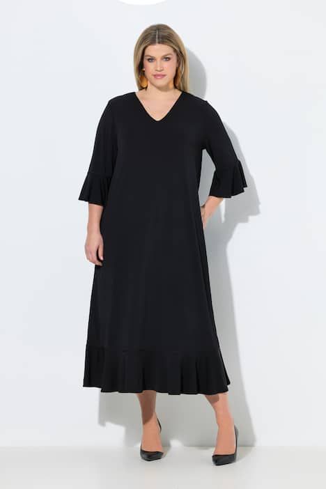 Robe maxi avec volants, coupe évasée, décolleté en V et manches 3/4