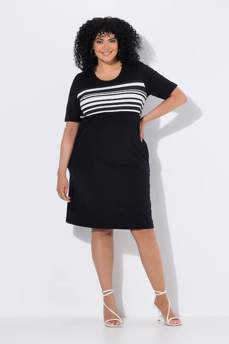 Robe en jersey décolleté rond et manches courtes, empiècement avec rayures