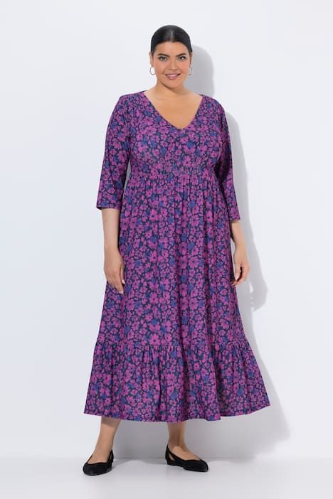 Robe en jersey à fleurs, décolleté en V et manches 3/4, coupe évasée