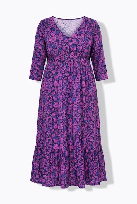 Robe en jersey à fleurs, décolleté en V et manches 3/4, coupe évasée