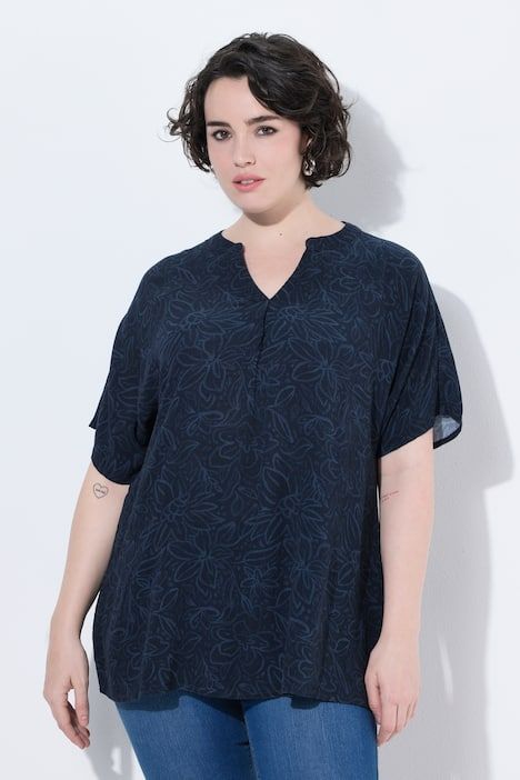 Blouse motif floral, col tunisien et manches courtes, coupe évasée