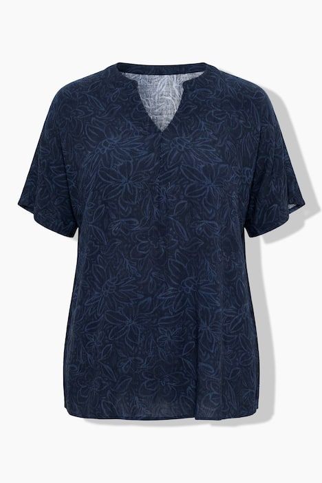 Blouse motif floral, col tunisien et manches courtes, coupe évasée