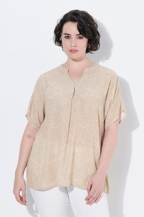 Blouse motif floral, col tunisien et manches courtes, coupe évasée