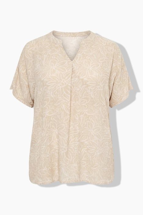 Blouse motif floral, col tunisien et manches courtes, coupe évasée