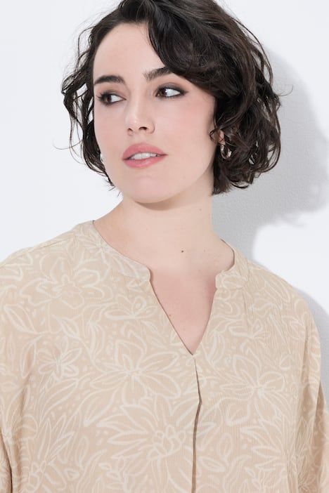 Blouse motif floral, col tunisien et manches courtes, coupe évasée