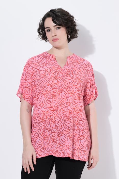 Blouse motif floral, col tunisien et manches courtes, coupe évasée