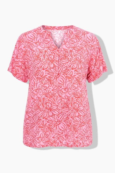 Blouse motif floral, col tunisien et manches courtes, coupe évasée