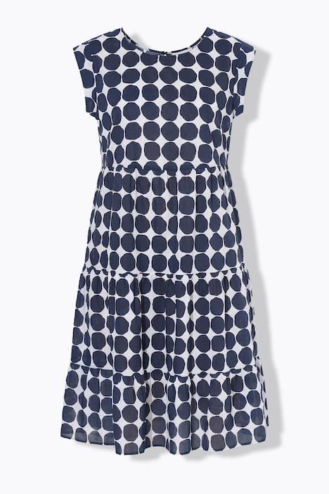 Robe midi à pois, décolleté rond et manches courtes, coupe évasée