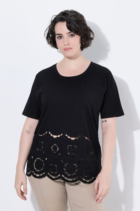 T-shirt oversize, dentelle ajourée, décolleté rond et manches courtes