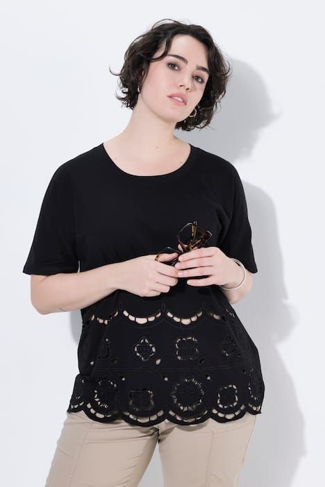 T-shirt oversize, dentelle ajourée, décolleté rond et manches courtes