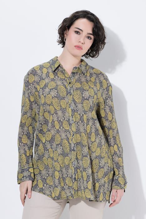 Chemisier motif ananas, col chemise et manches longues