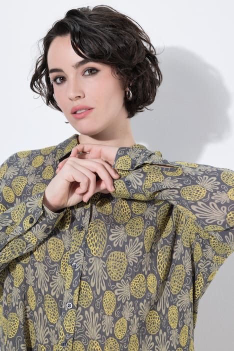 Chemisier motif ananas, col chemise et manches longues