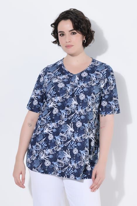 T-shirt avec plis fantaisie, coupe évasée, décolleté en V et manches courtes