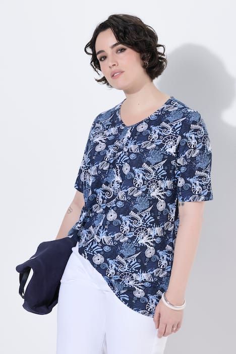 T-shirt avec plis fantaisie, coupe évasée, décolleté en V et manches courtes