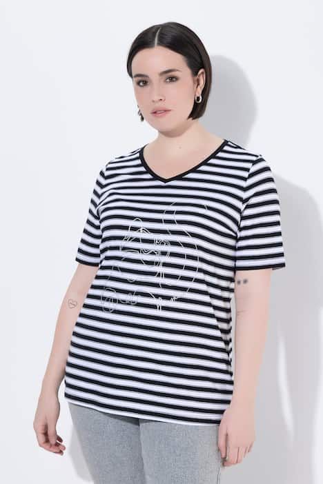 T-shirt à rayures avec motif aux reflets métalliques, décolleté en V et manches courtes