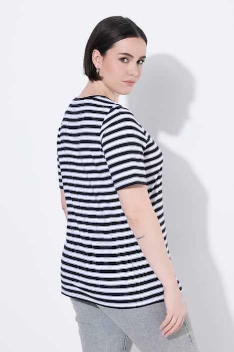 T-shirt à rayures avec motif aux reflets métalliques, décolleté en V et manches courtes