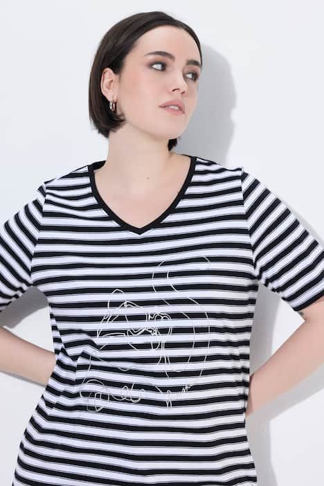 T-shirt à rayures avec motif aux reflets métalliques, décolleté en V et manches courtes