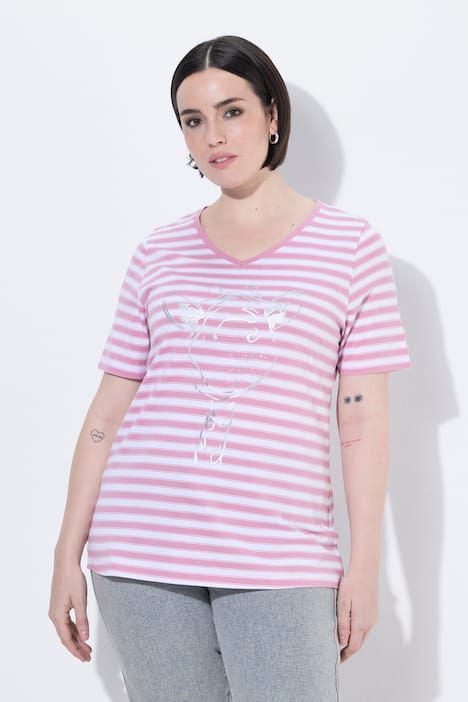 T-shirt à rayures avec motif aux reflets métalliques, décolleté en V et manches courtes