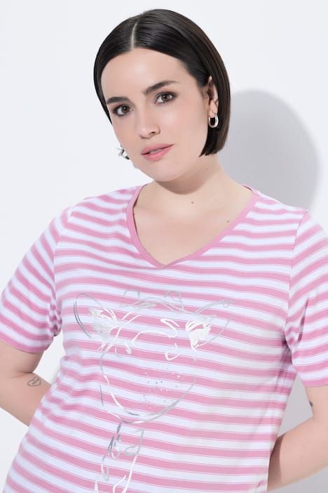 T-shirt à rayures avec motif aux reflets métalliques, décolleté en V et manches courtes