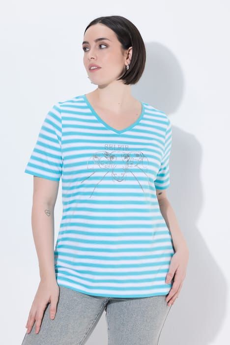 T-shirt à rayures avec motif aux reflets métalliques, décolleté en V et manches courtes