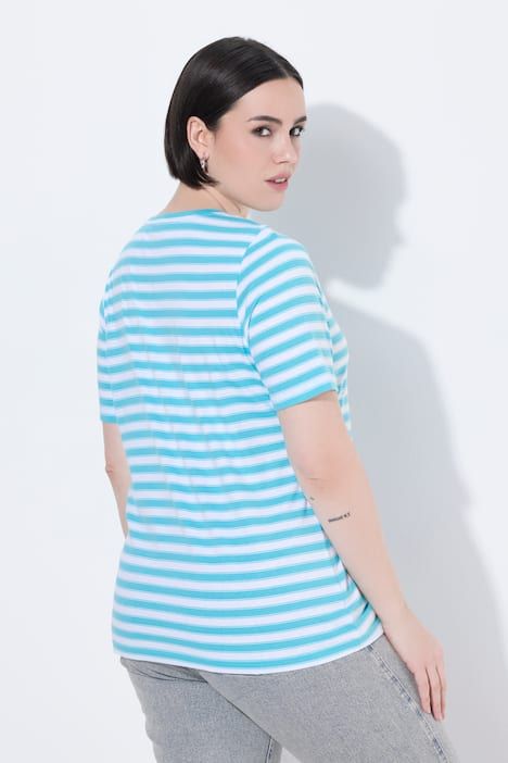 T-shirt à rayures avec motif aux reflets métalliques, décolleté en V et manches courtes