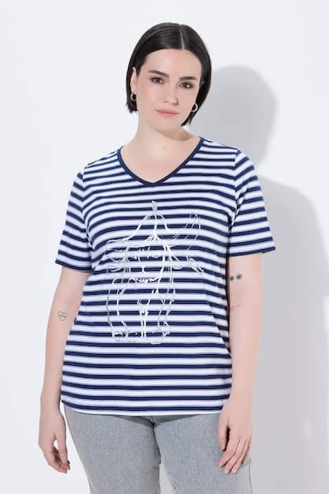 T-shirt à rayures avec motif aux reflets métalliques, décolleté en V et manches courtes