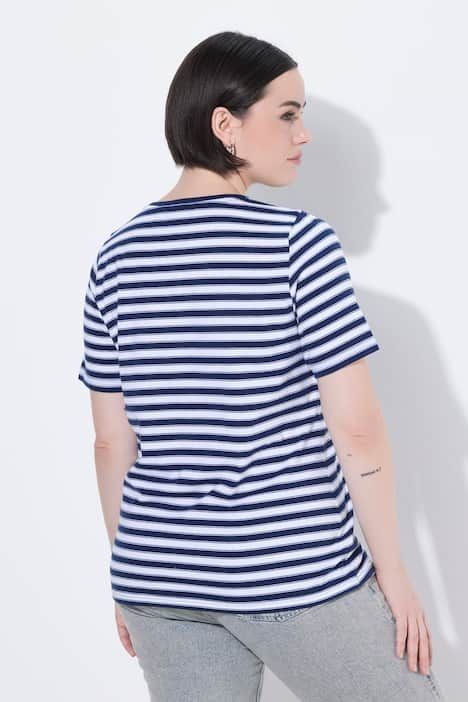 T-shirt à rayures avec motif aux reflets métalliques, décolleté en V et manches courtes